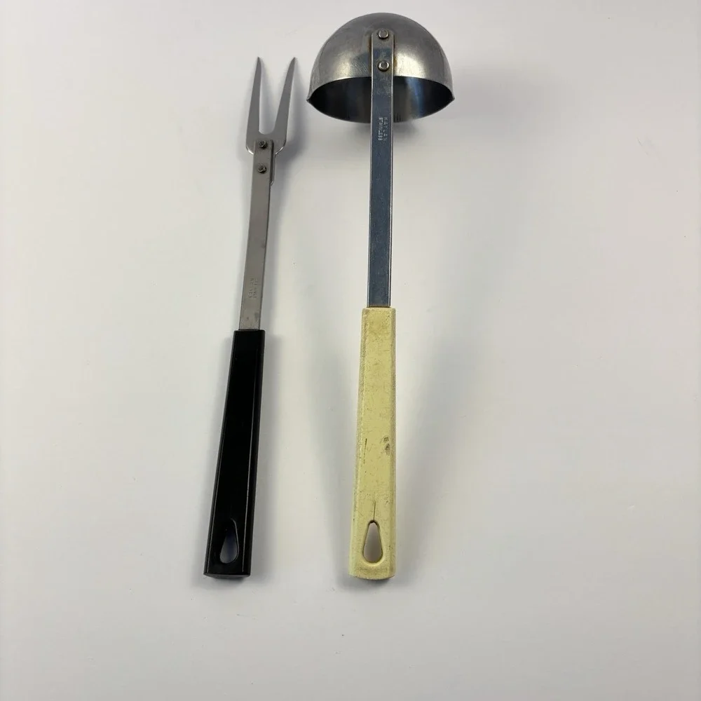 Kaylan Stainless Steel Black Handle Meat Fork And White Handle Ladle Retro